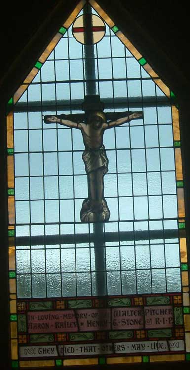 Stain glass memorial of Walter Pitcher, Aaron Bailey and Henry Stone located in the Anglican church, Old Bonaventure, Newfoundland